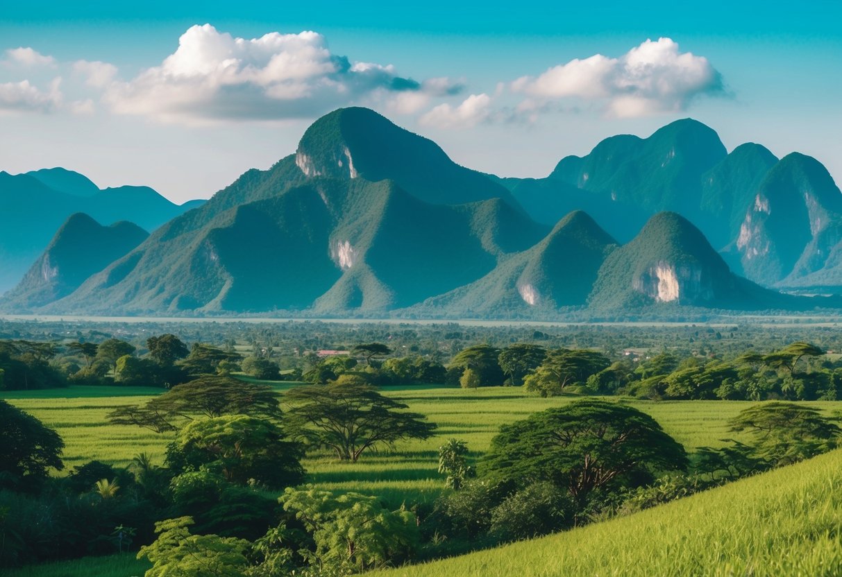 Lush green mountains and clear blue skies in Thailand during the dry season