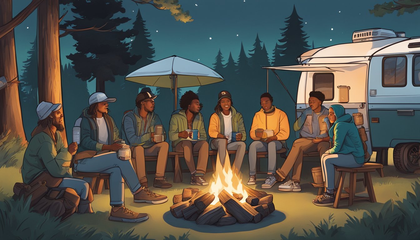 A group of people gather around a campfire, with a row of Yeti coolers lined up next to them. The scene exudes a sense of community and outdoor living