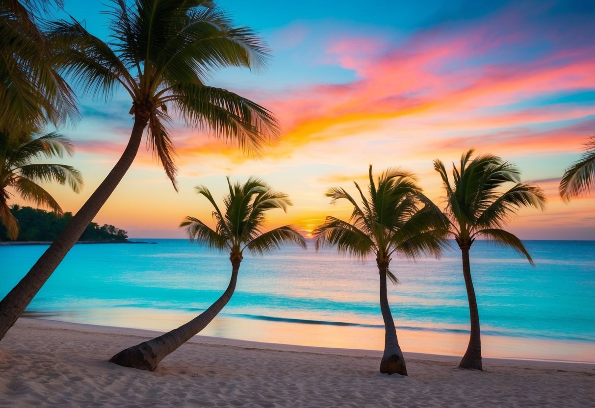 A serene beach with clear blue waters, palm trees swaying in the gentle breeze, and a colorful sunset painting the sky in shades of orange and pink