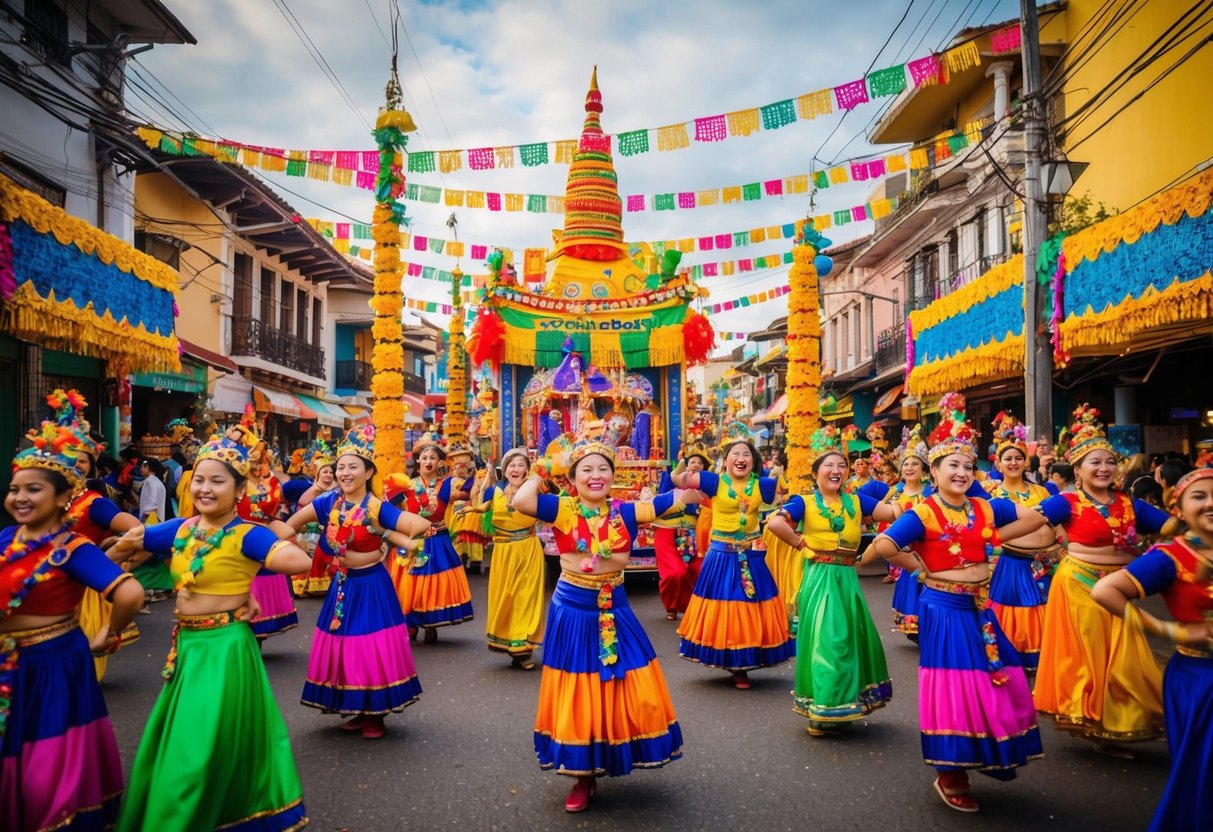 Colorful floats and dancers fill the streets, surrounded by vibrant decorations and traditional music. The air is filled with the aroma of exotic foods and the sound of laughter