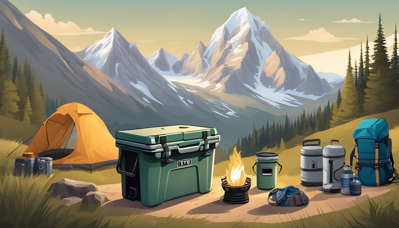 A rugged mountain landscape with a Yeti cooler sitting by a campfire, surrounded by outdoor gear and adventure equipment