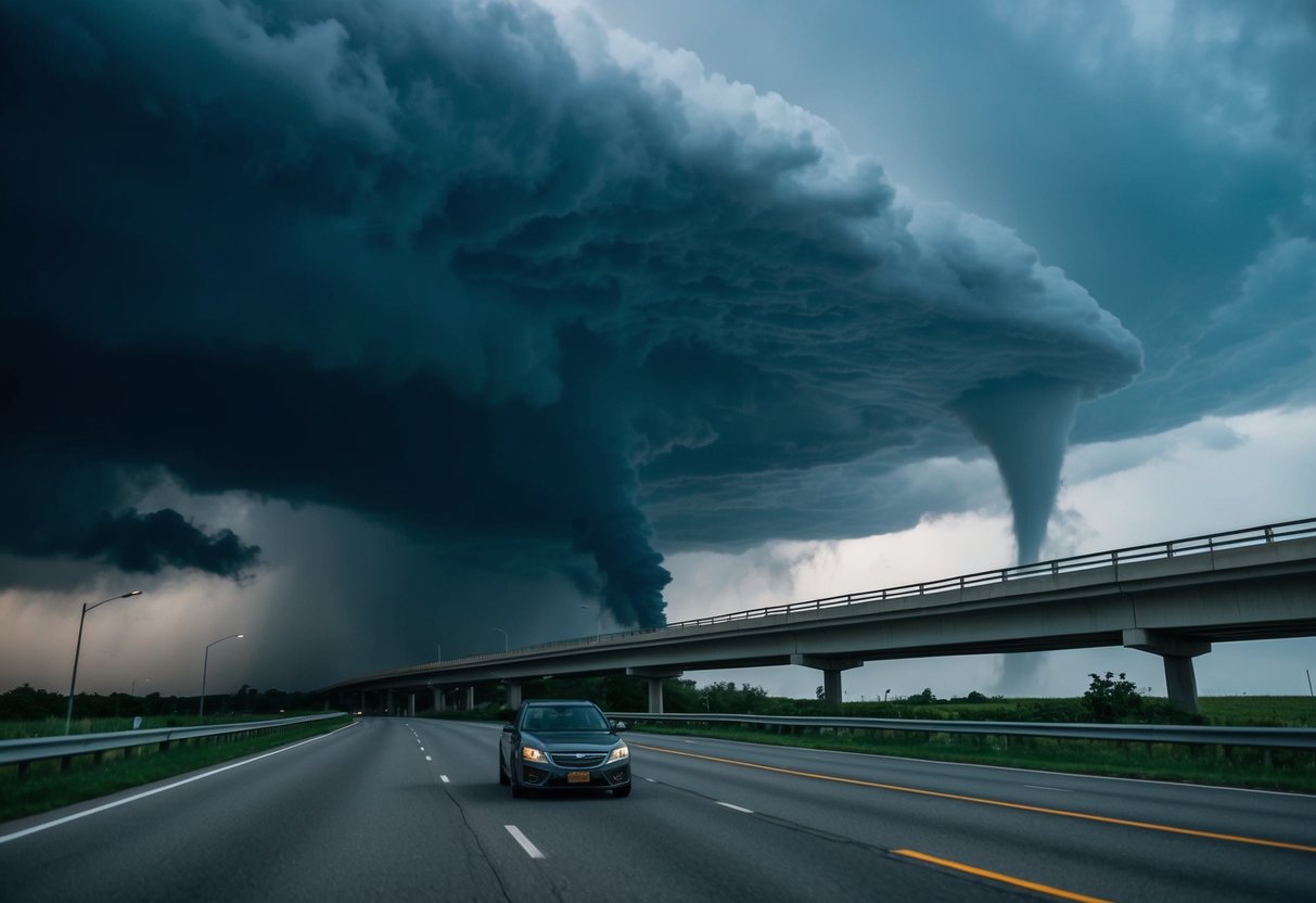 Dark storm clouds swirl over a highway, where a lone car hesitates under an overpass as a tornado touches down in the distance