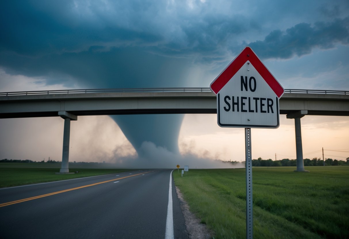 A tornado approaching an overpass with a clear "No Shelter" sign