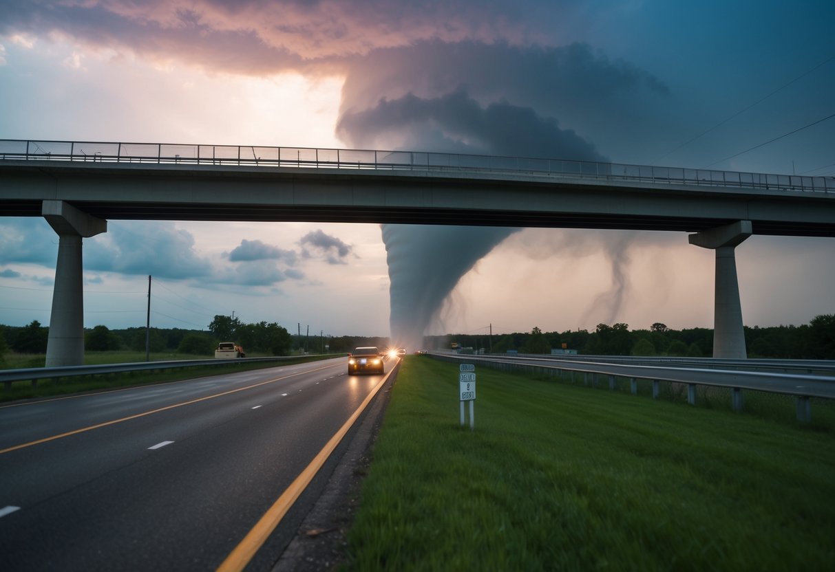 A tornado approaching an overpass with a safety structure evaluation in progress