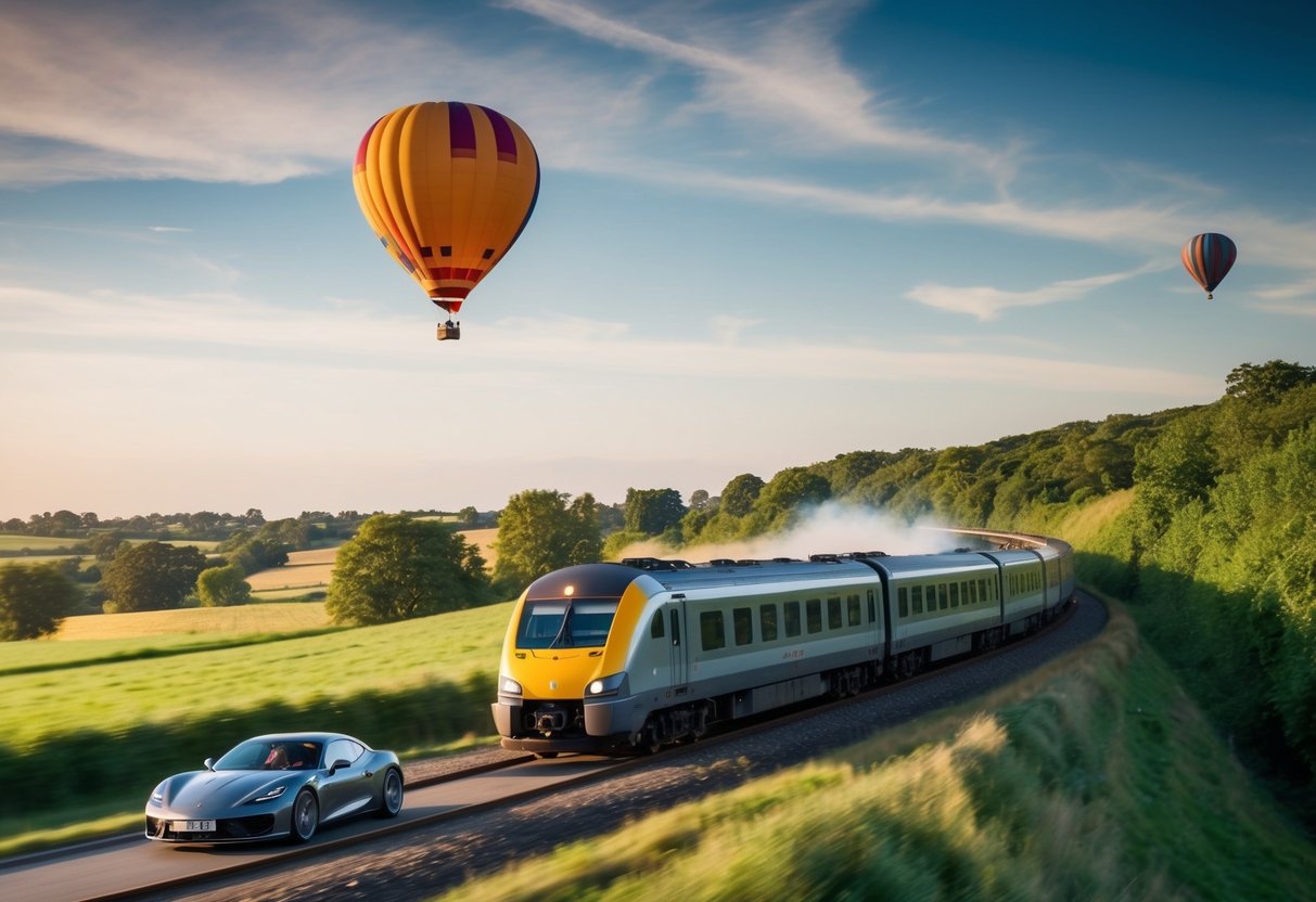 A train speeding through a lush countryside, while a hot air balloon floats peacefully above, and a sleek car zooms along a winding road