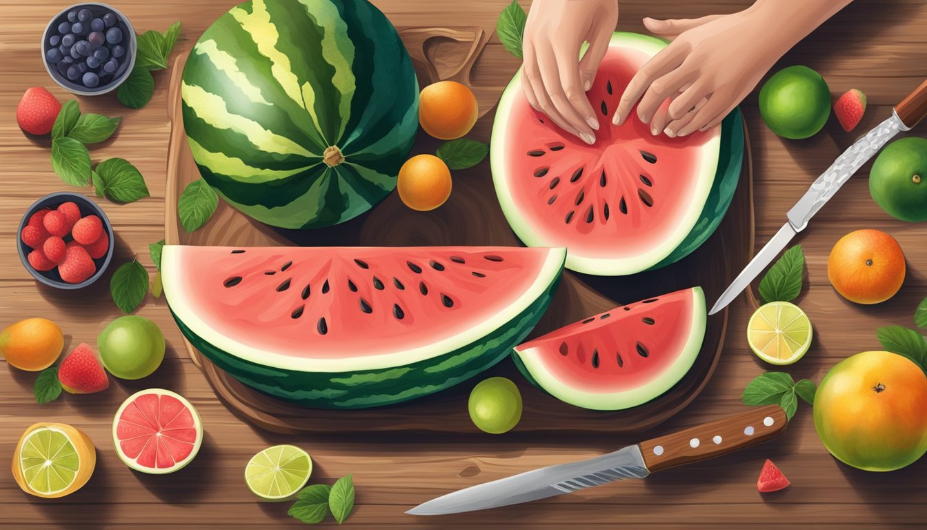 A hand reaching for a large watermelon on a wooden table, surrounded by various fruits and a cutting board with a knife