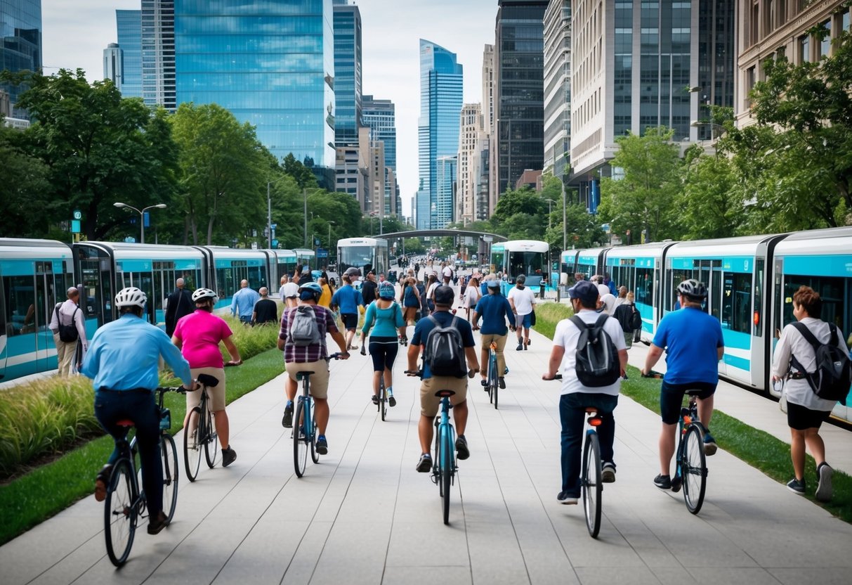 A bustling city with people walking, biking, and using public transportation, surrounded by green spaces and clean air