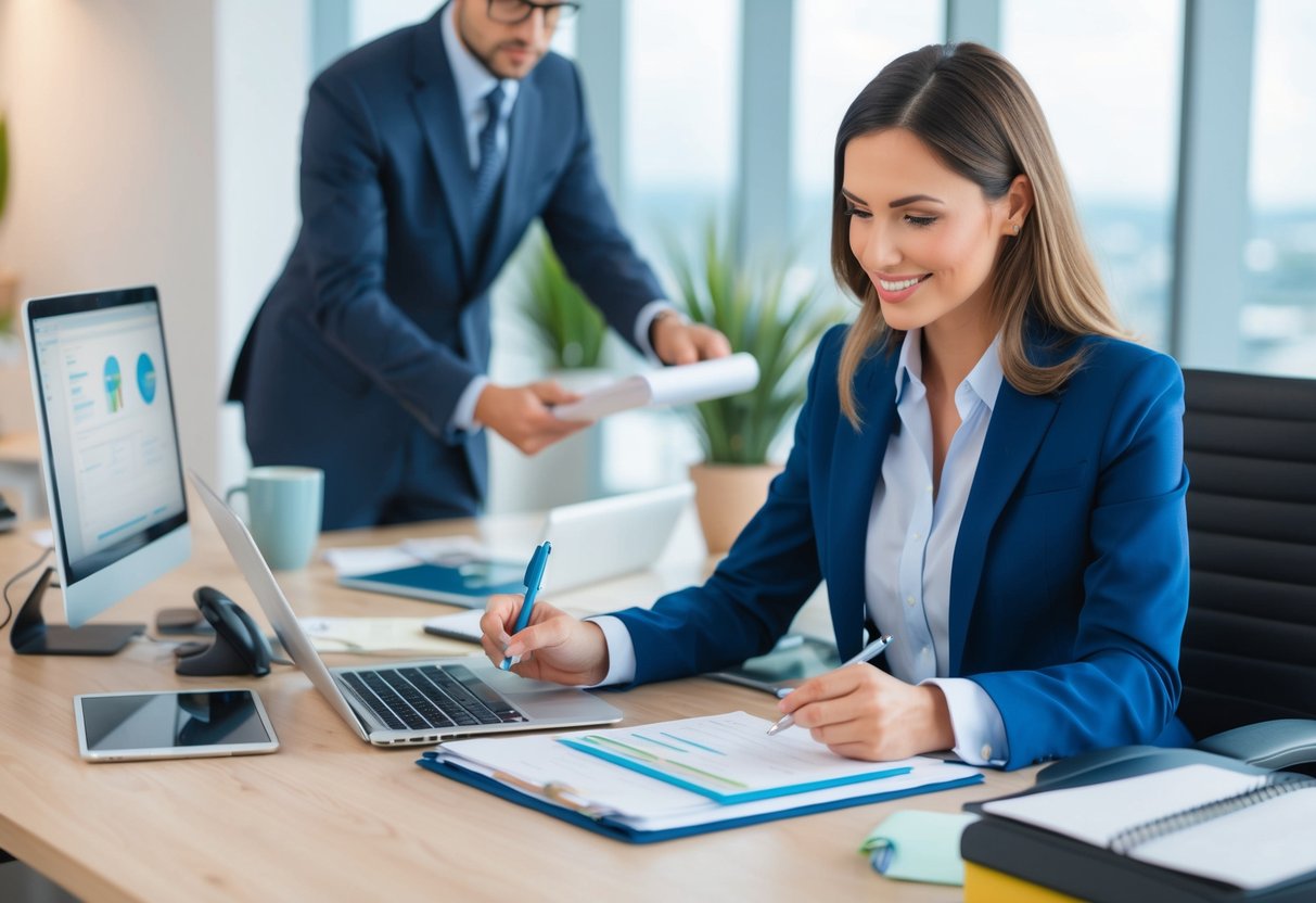 A travel agent researching destinations, booking flights, and creating itineraries at a busy office desk