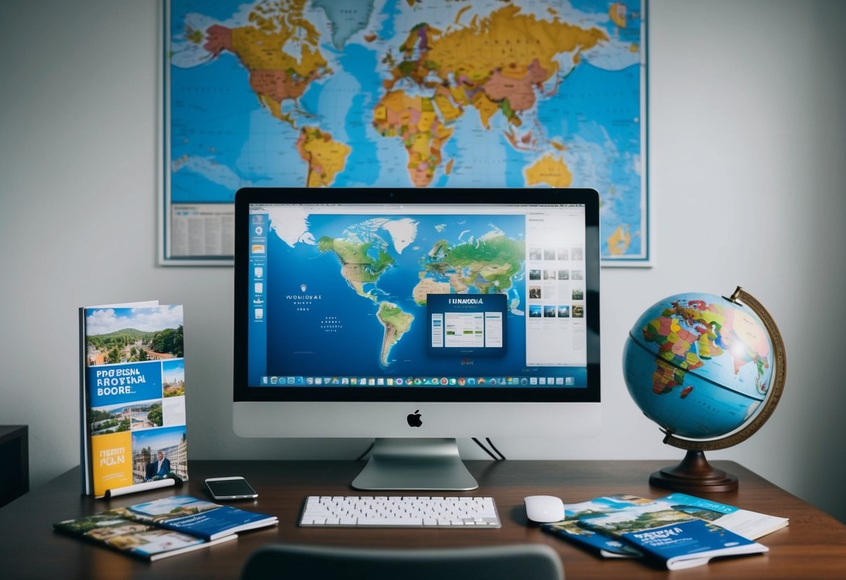 A desk with a computer, phone, and travel brochures. A world map on the wall and a globe on the desk