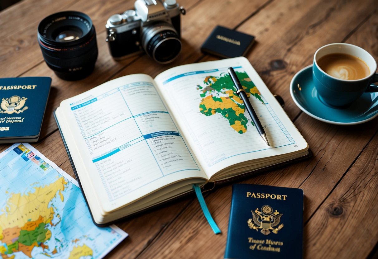 A traveler's journal open on a wooden table, surrounded by a map, camera, passport, and a cup of coffee