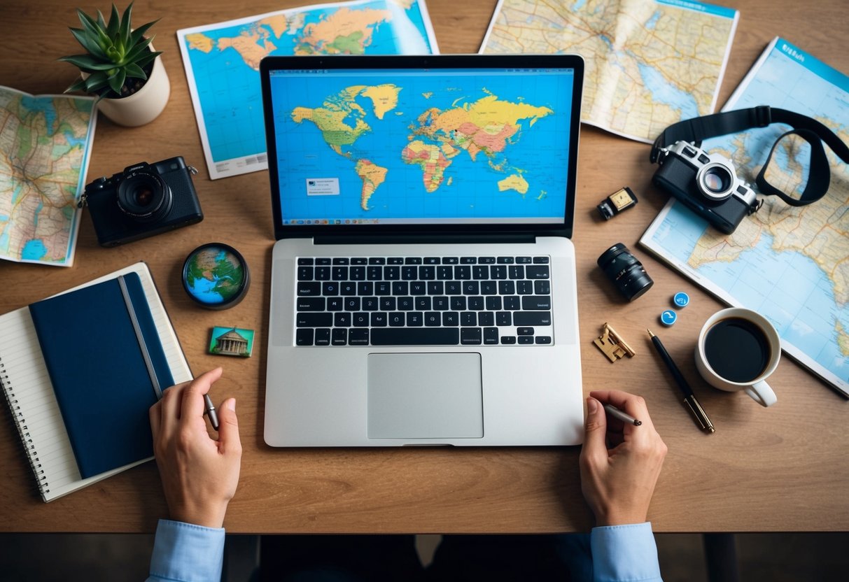 A laptop surrounded by maps, a camera, and travel souvenirs on a desk with a cup of coffee and a notebook