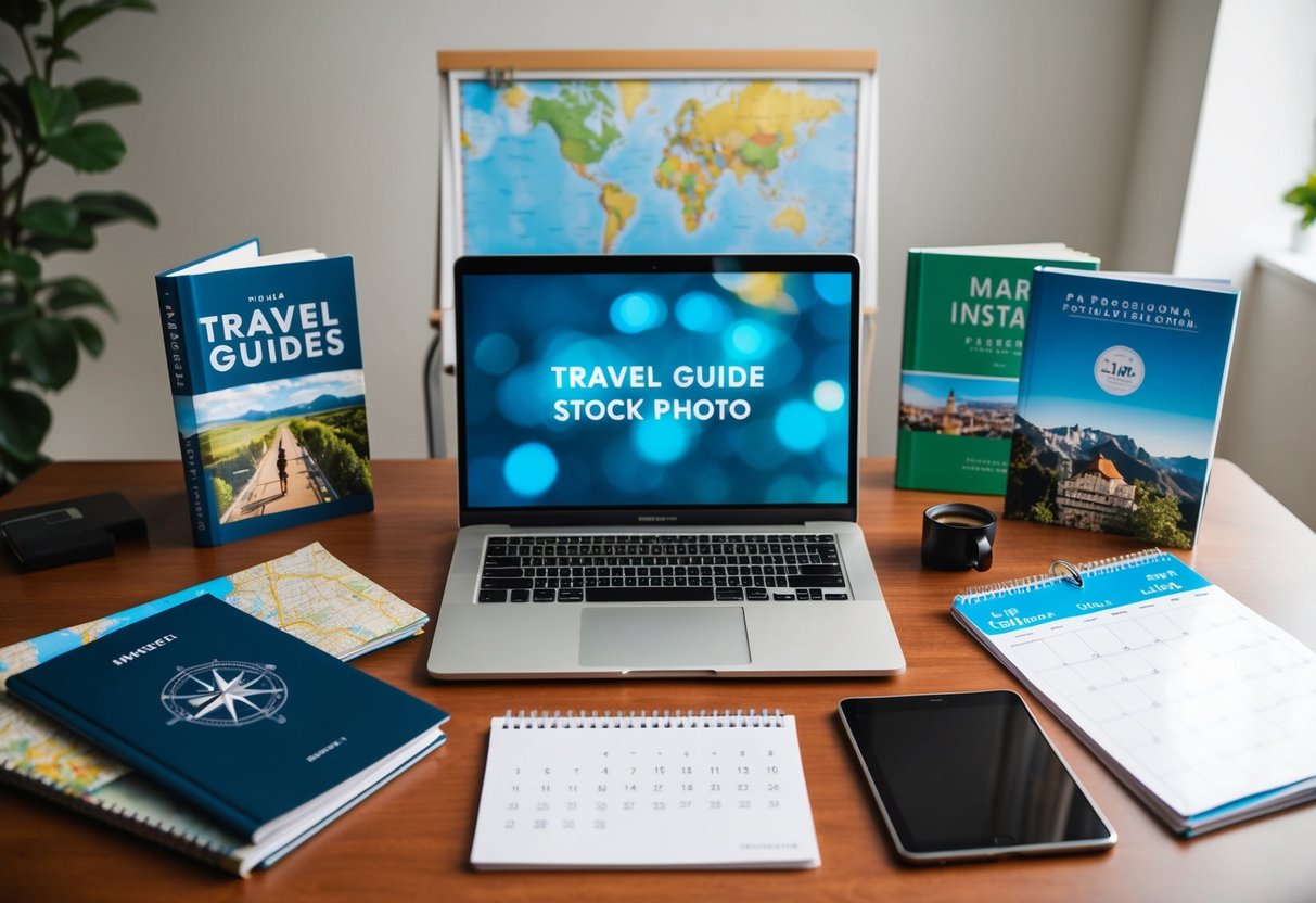 A laptop surrounded by travel guides, maps, and a calendar on a desk