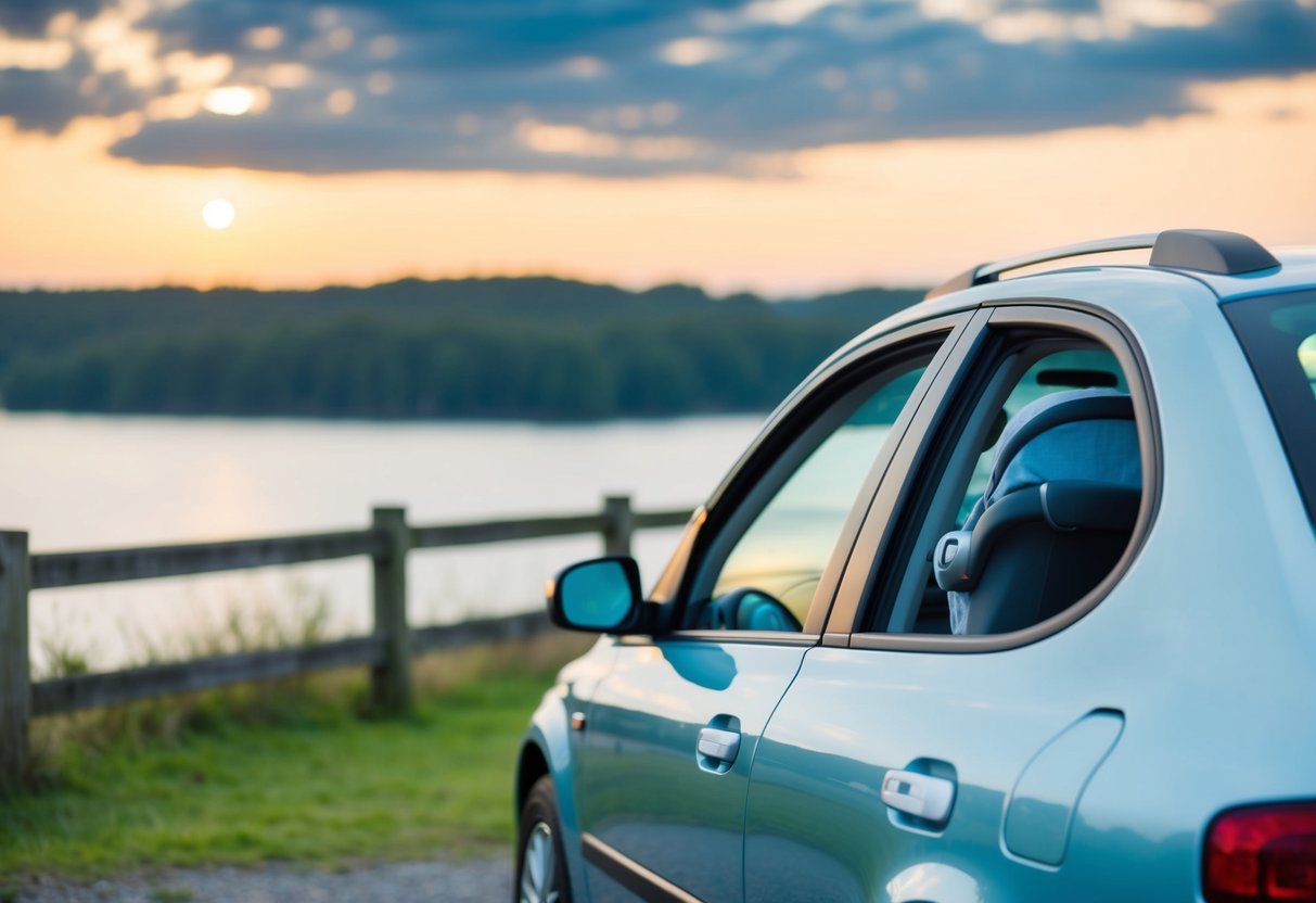 A car parked in a scenic, peaceful setting, with a visible baby car seat in the back, suggesting a safe and comfortable journey for a pregnant traveler