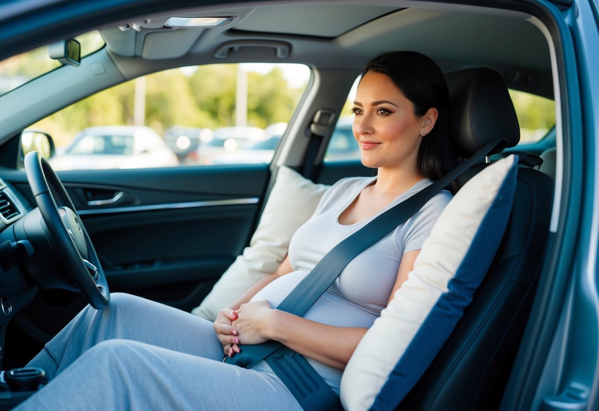 A pregnant woman sitting comfortably in a car, wearing a seatbelt and surrounded by supportive pillows. The car is parked in a safe and well-lit area