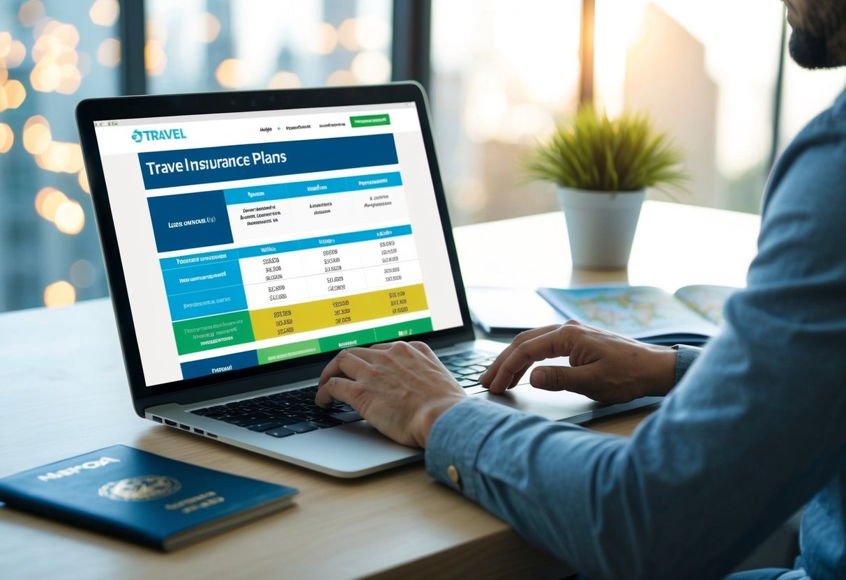 A traveler browsing through various travel insurance plans online, comparing coverage and prices, with a map and passport on the table