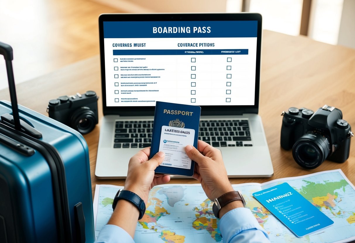 A traveler holding a passport and boarding pass, surrounded by a suitcase, camera, and map. A checklist of coverage options is displayed on a computer screen