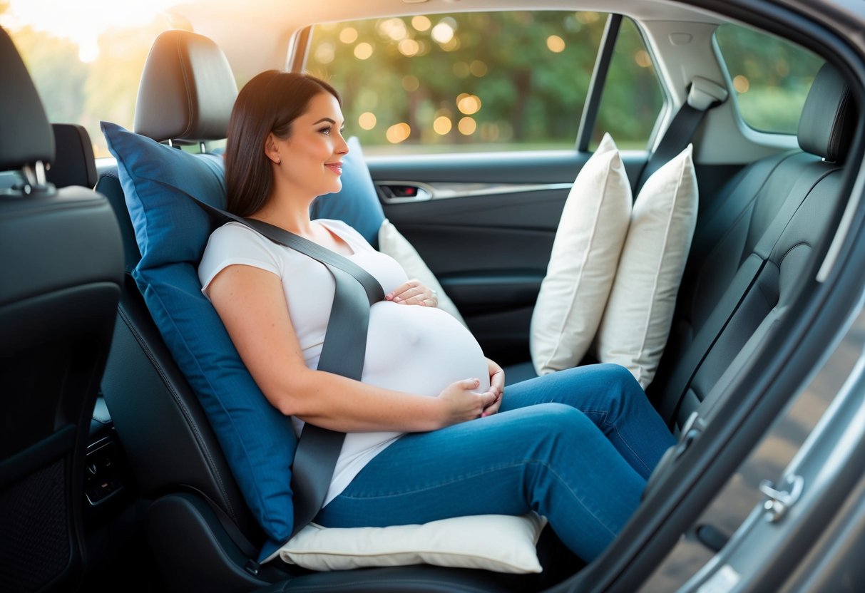 A pregnant woman sitting comfortably in a car, surrounded by supportive pillows and a seatbelt positioned safely across her belly