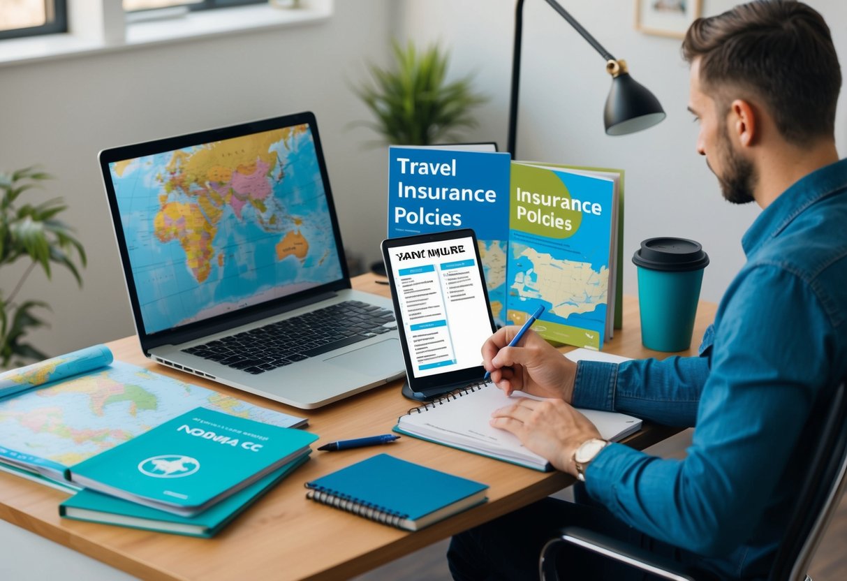 A traveler sitting at a desk, surrounded by maps, guidebooks, and a laptop. They are comparing different travel insurance policies and making notes on a notepad