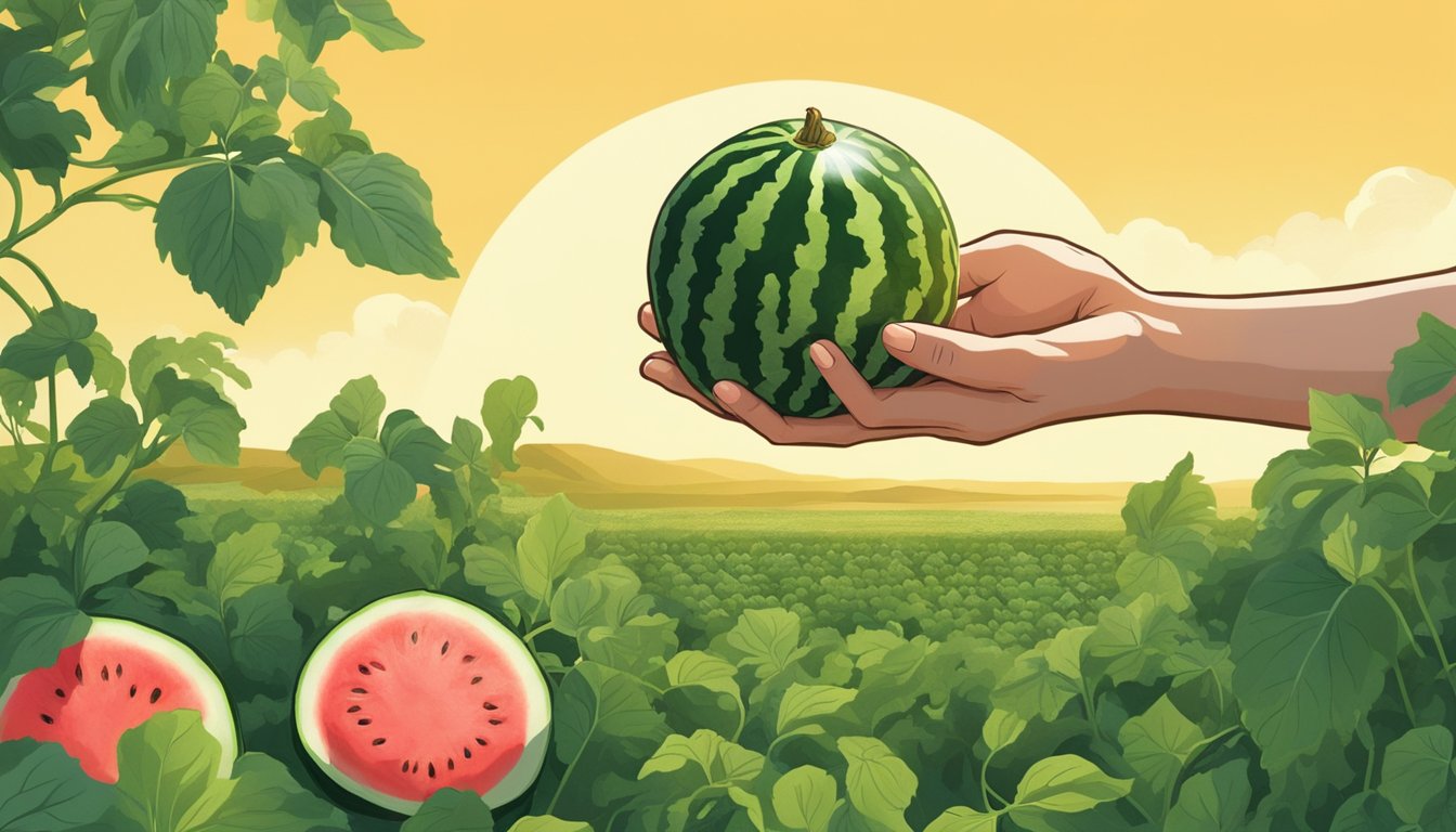 A hand reaching for a small, ripe watermelon among lush green vines in a sunny, open field