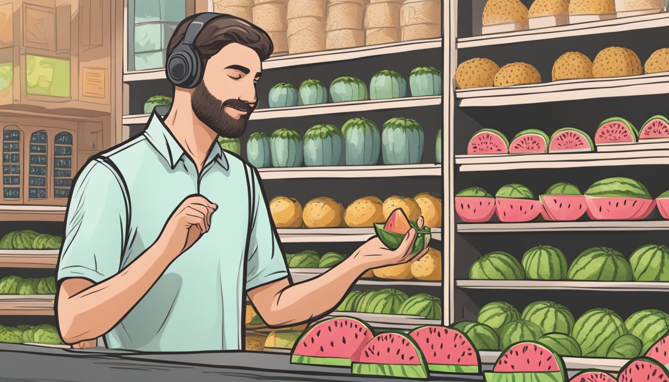 A person tapping and listening to a small watermelon at a store to select the perfect one