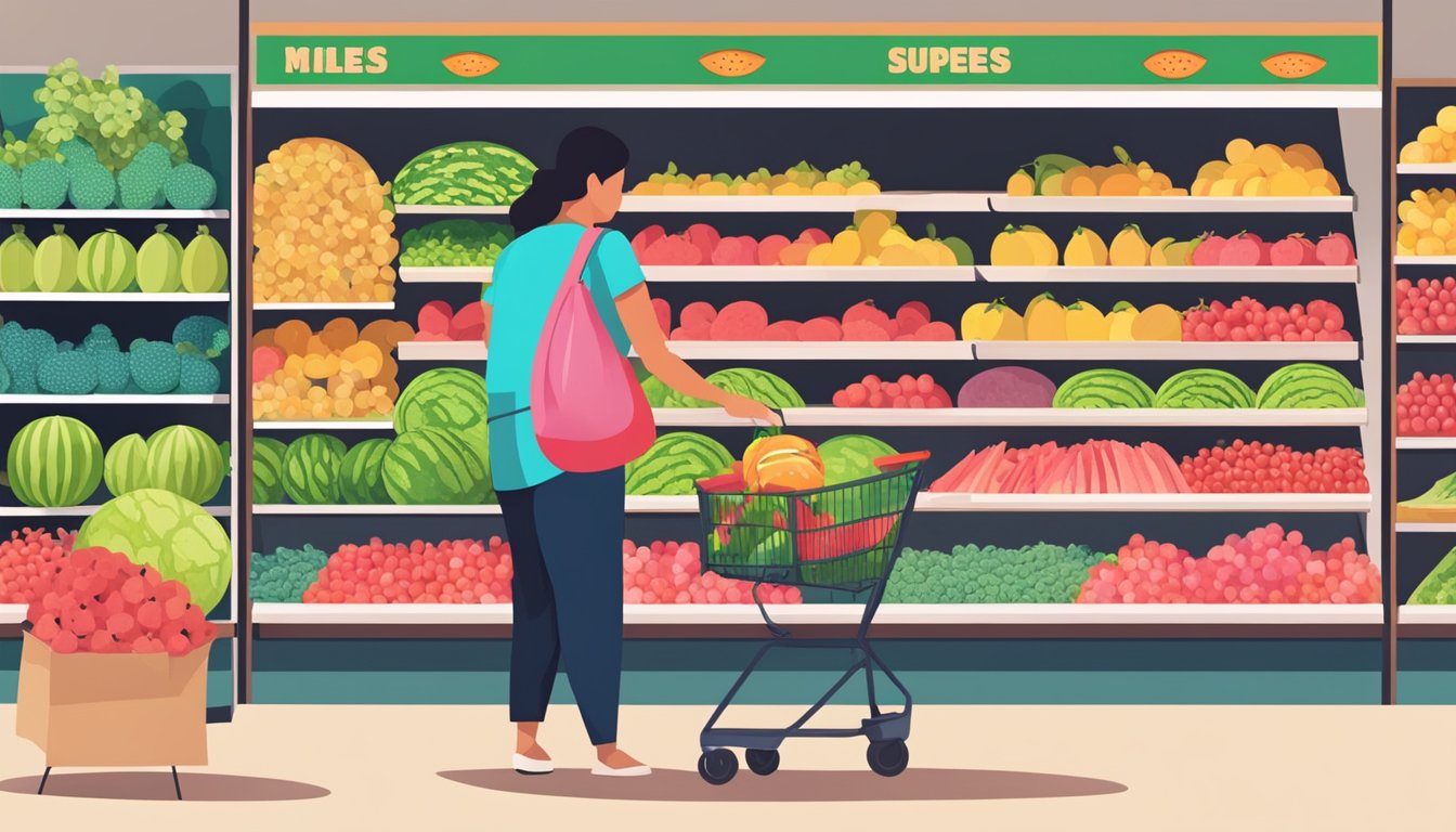 A colorful display of various creative uses for leftover watermelon, alongside a shopper picking out a ripe watermelon at the grocery store