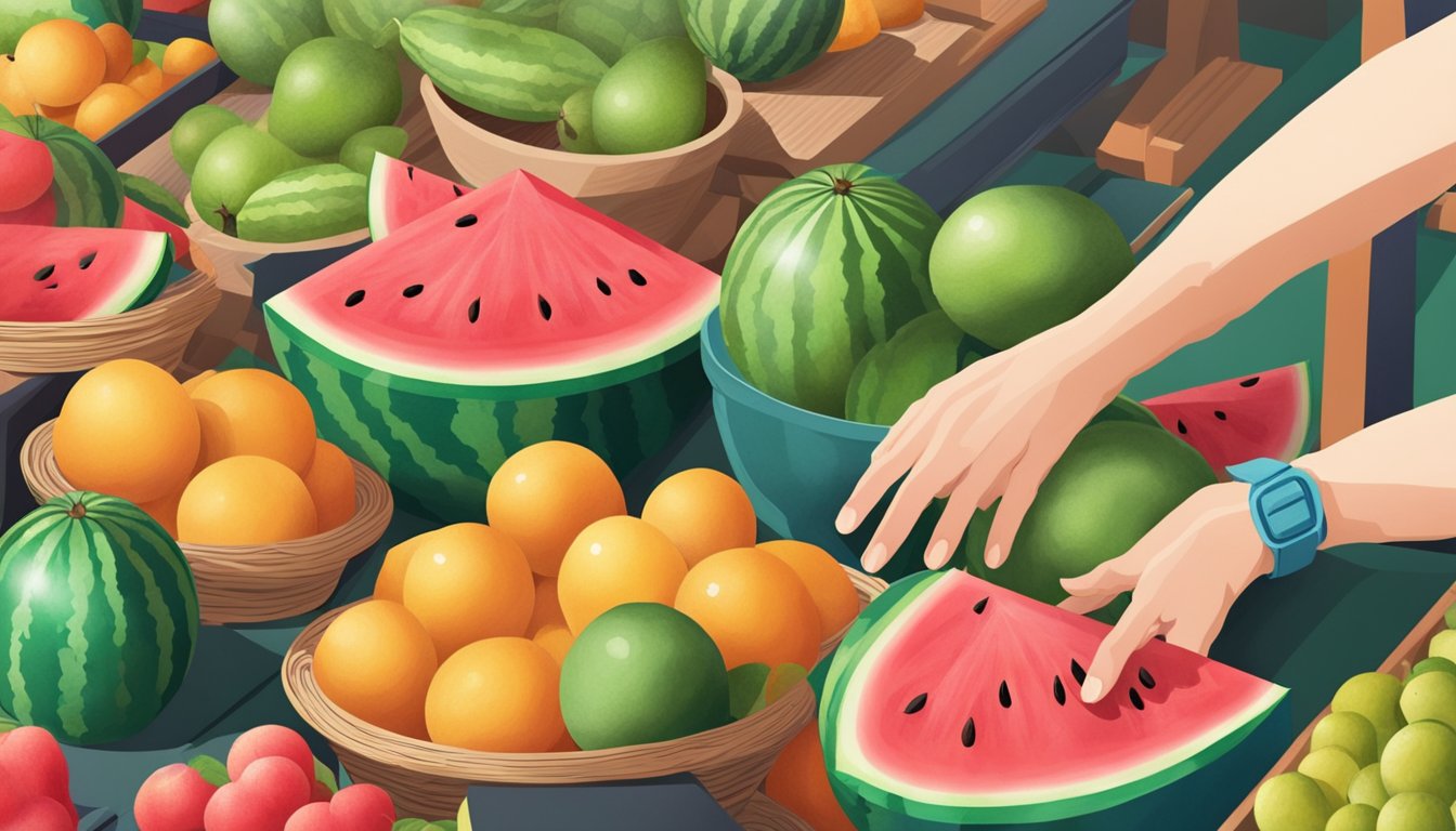 A hand reaching for a small watermelon among a pile of various fruits at a market stall