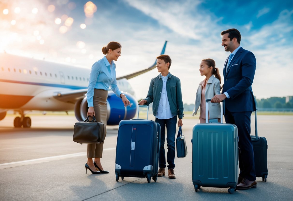 A family boarding a plane with luggage, while a travel insurance agent looks on, ready to assist