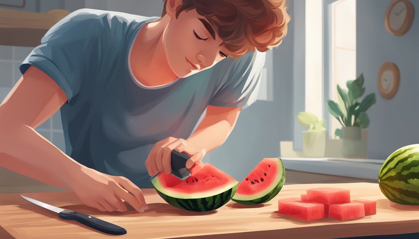 A person using a knife to slice open a watermelon, revealing the vibrant red flesh and checking for sweetness with a small taste