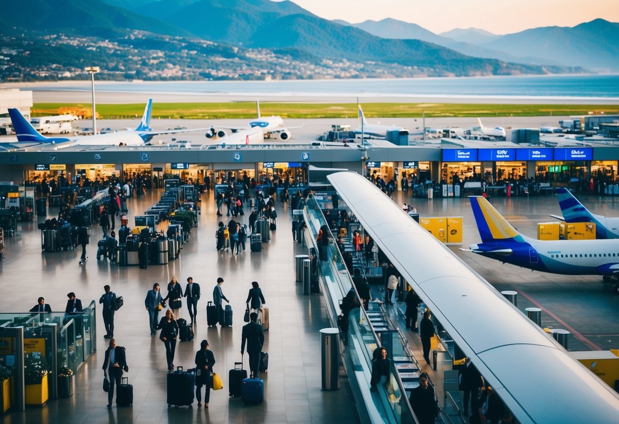 A bustling airport terminal with travelers checking in, boarding planes, and browsing shops, surrounded by a scenic landscape of mountains and beaches