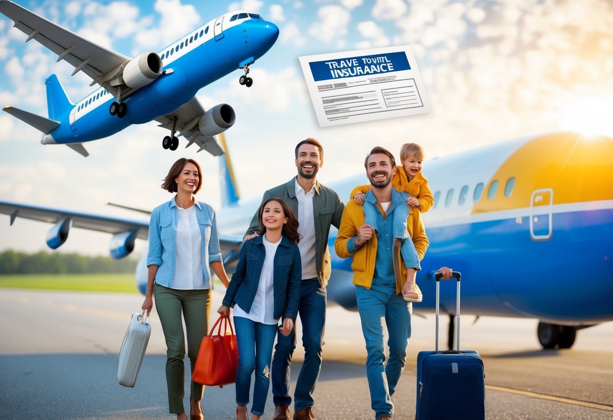 A family happily boards a plane while a travel insurance policy hovers above, protecting them on their domestic flight