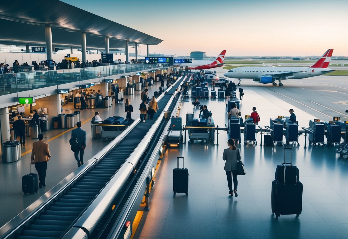 A bustling airport terminal with people checking in, luggage being loaded onto conveyor belts, and airplanes taking off and landing on the runway