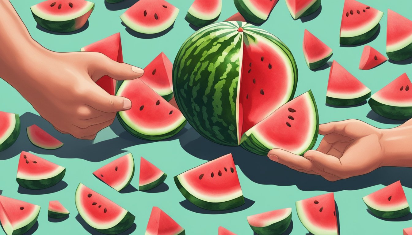 A hand reaching for a small watermelon among a pile of others, examining the shape and tapping for ripeness