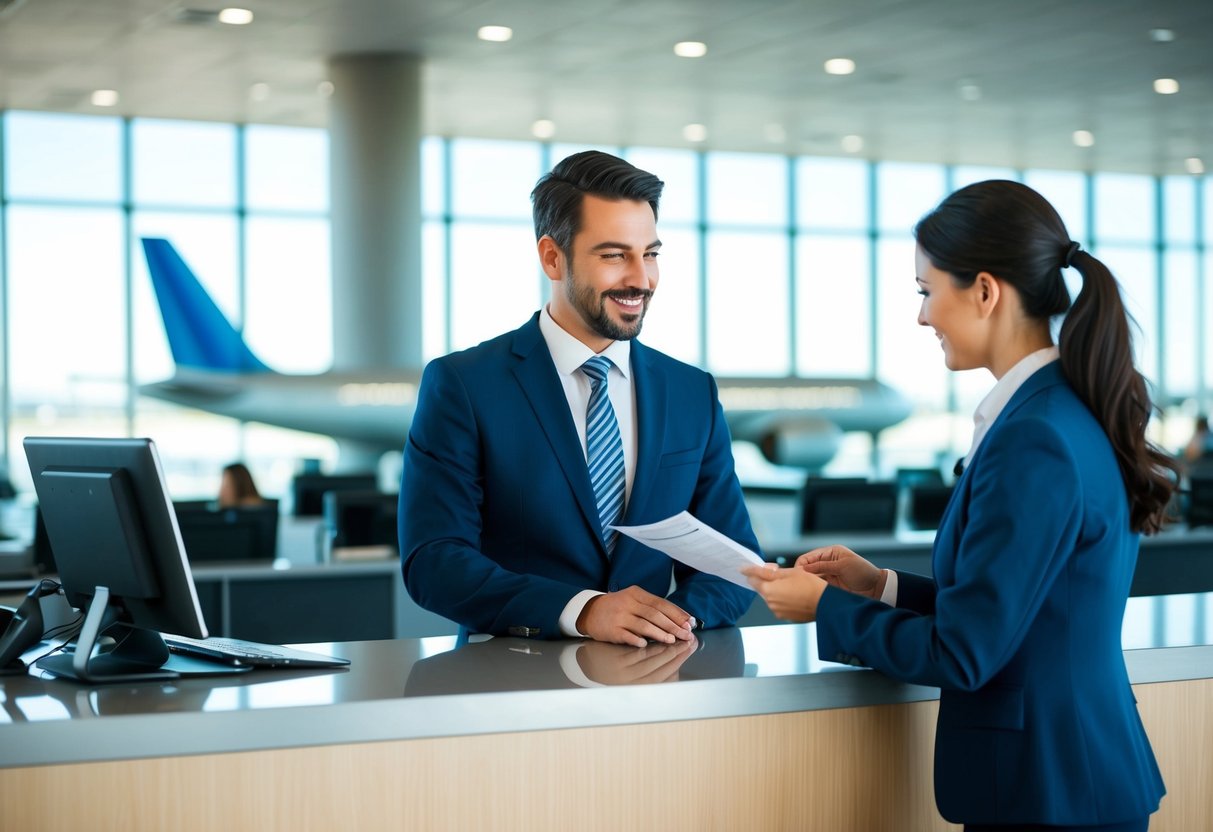 A traveler at an airport counter, receiving information about comprehensive coverage benefits for domestic flights from a travel insurance representative