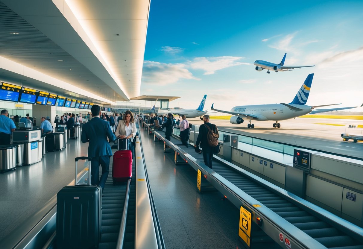 A bustling airport terminal with travelers checking in, luggage being loaded onto conveyor belts, and planes taking off and landing on the runway