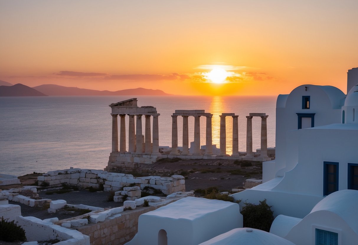 The sun setting behind ancient ruins, casting warm hues over the Aegean Sea and white-washed buildings in Greece