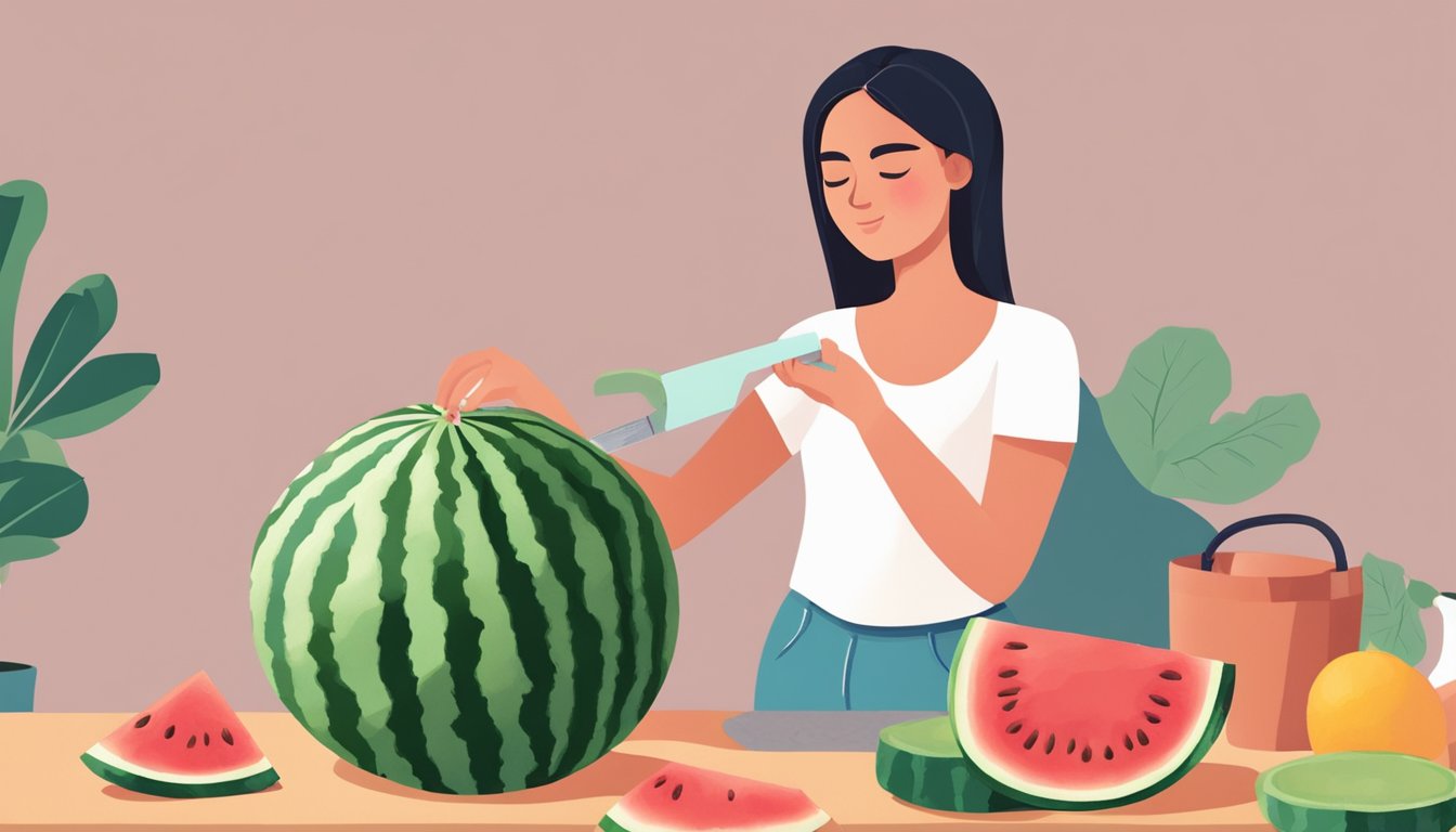 A person cutting open a watermelon and tasting a slice to check for sweetness