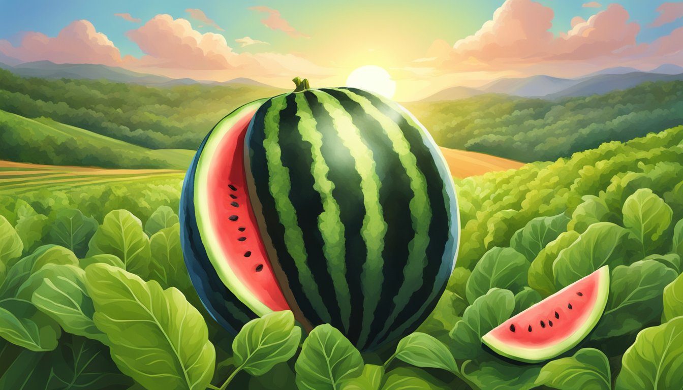 A ripe black diamond watermelon sits in a lush, sun-drenched field, surrounded by vibrant green vines and large, healthy leaves