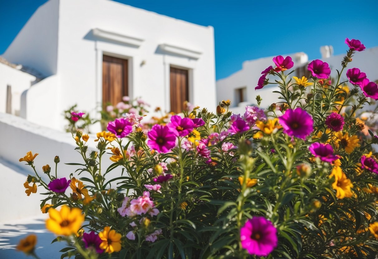 Vibrant flowers blooming against white-washed buildings under a clear blue sky in Greece