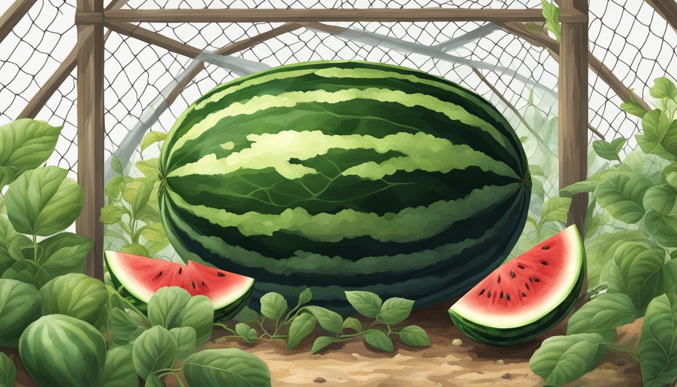 A healthy black diamond watermelon surrounded by protective netting and surrounded by natural pest-repelling plants