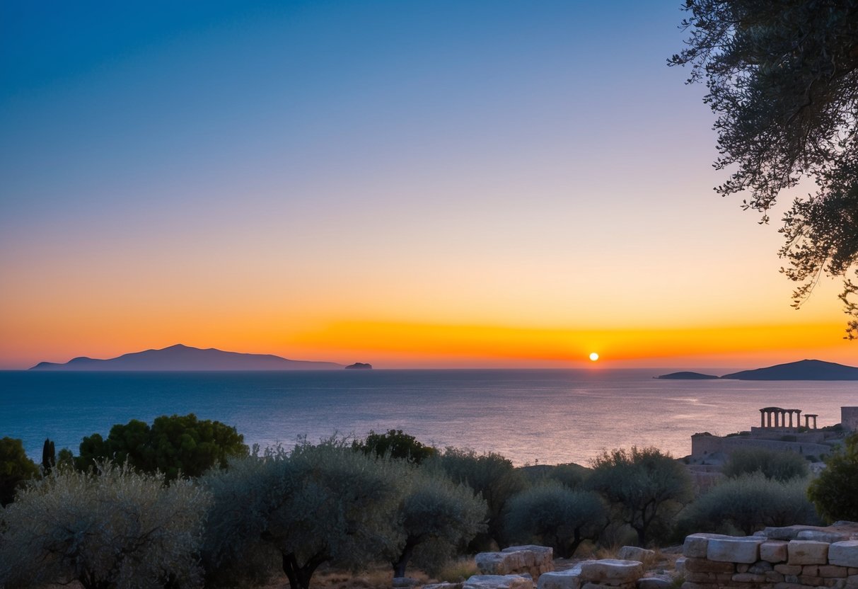 Vivid sunset over the Aegean Sea, with olive groves and ancient ruins in the background