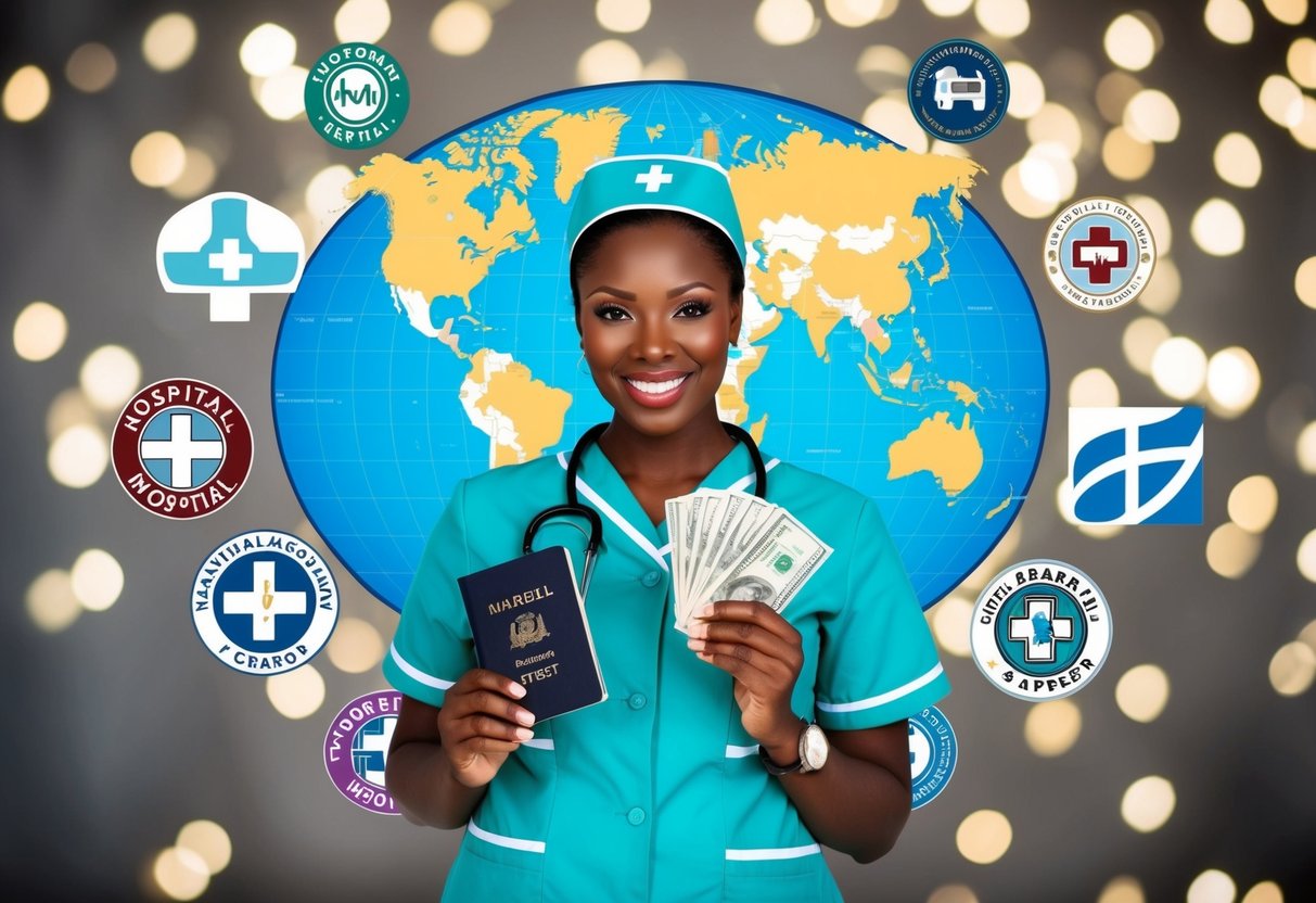 A travel nurse surrounded by various hospital logos and a world map, holding a stack of money and a passport