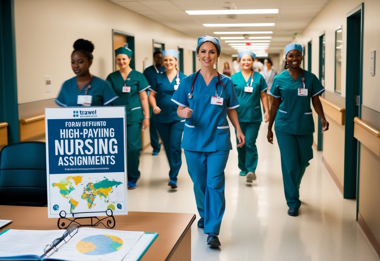 A bustling hospital hallway with nurses moving quickly, a travel map on a desk, and a sign promoting high-paying nursing assignments