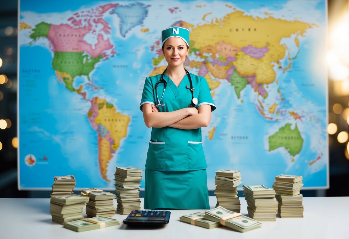 A nurse standing in front of a world map with various travel destinations pinned, surrounded by stacks of money and a calculator