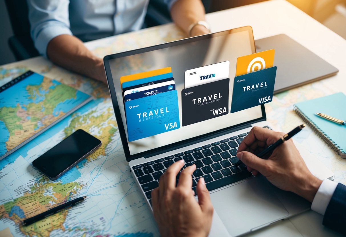 A person comparing various travel credit cards, surrounded by maps, a laptop, and a notebook with pen