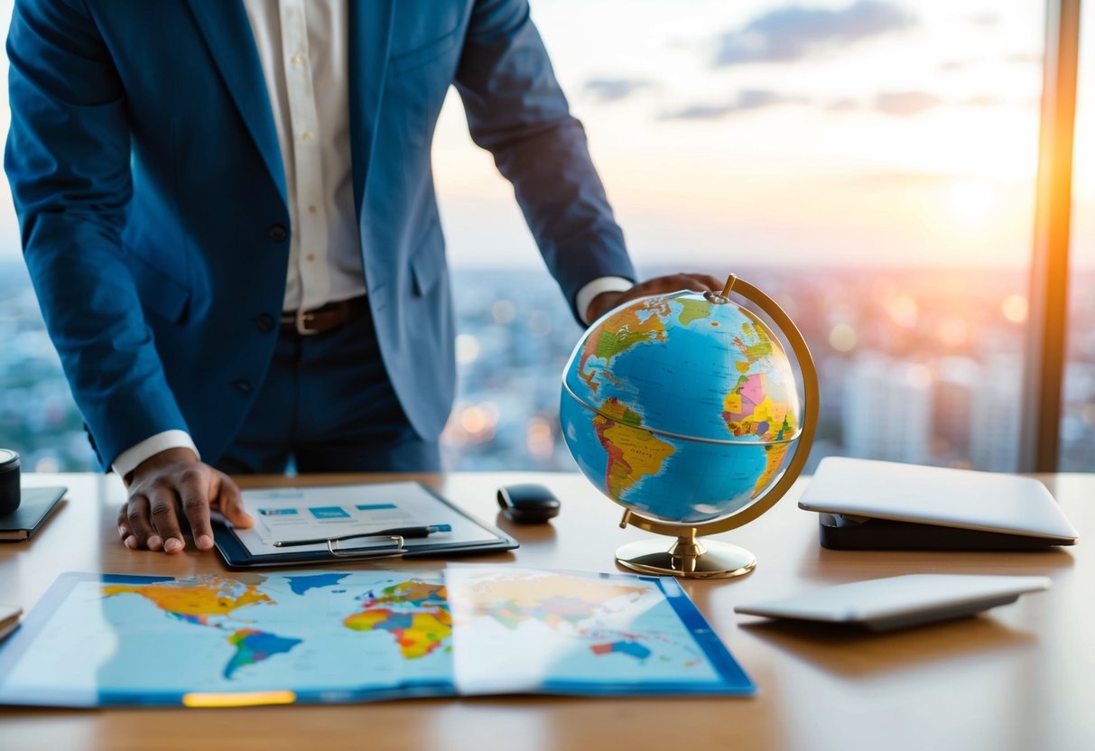 A traveler researching credit card rewards with a globe, airplane, and map on a desk