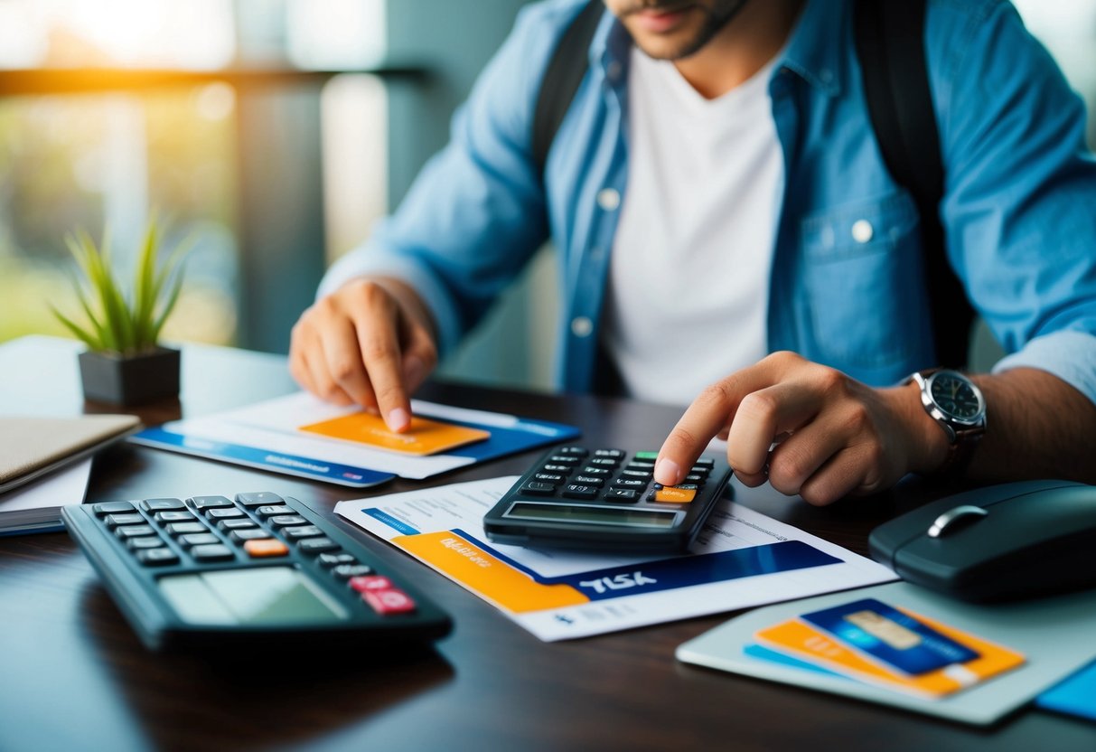 A traveler comparing different credit card offers, with a calculator and various travel-related items on a desk