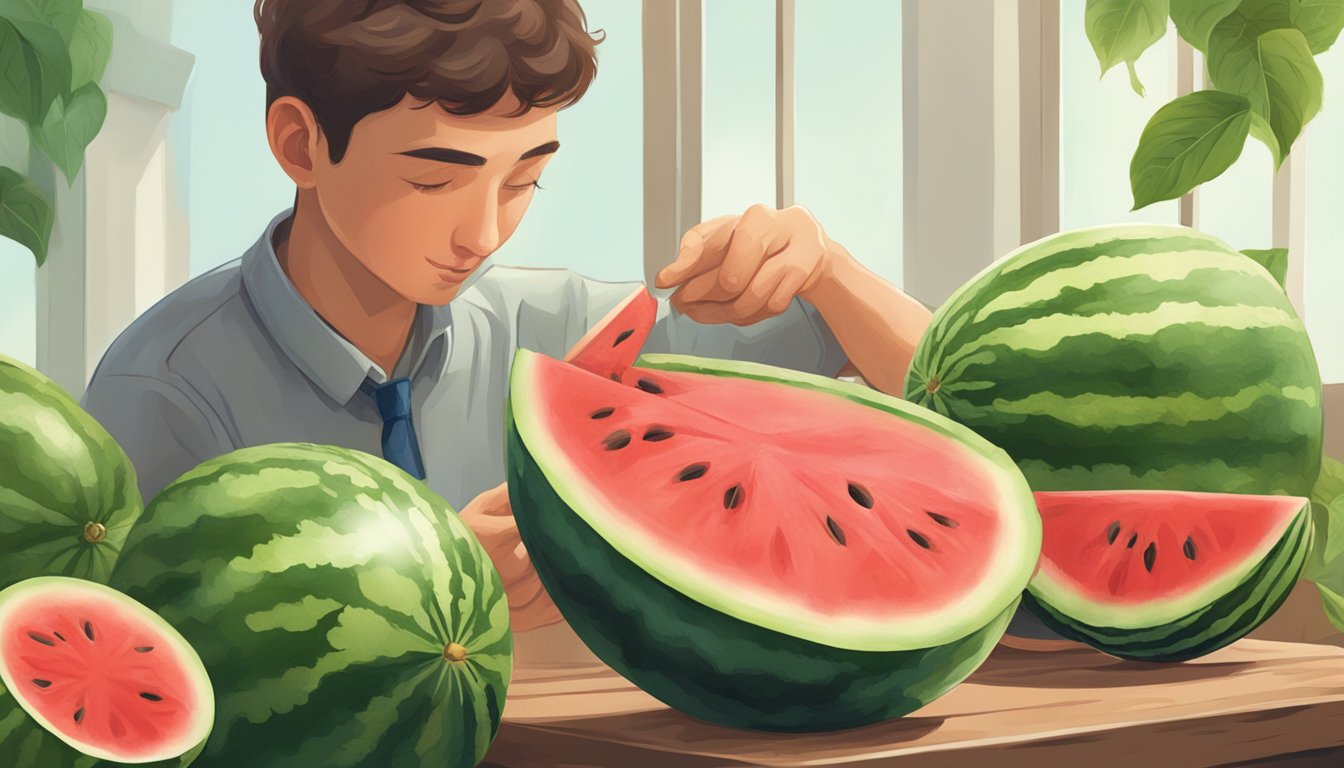 A watermelon being gently tapped and sniffed for ripeness