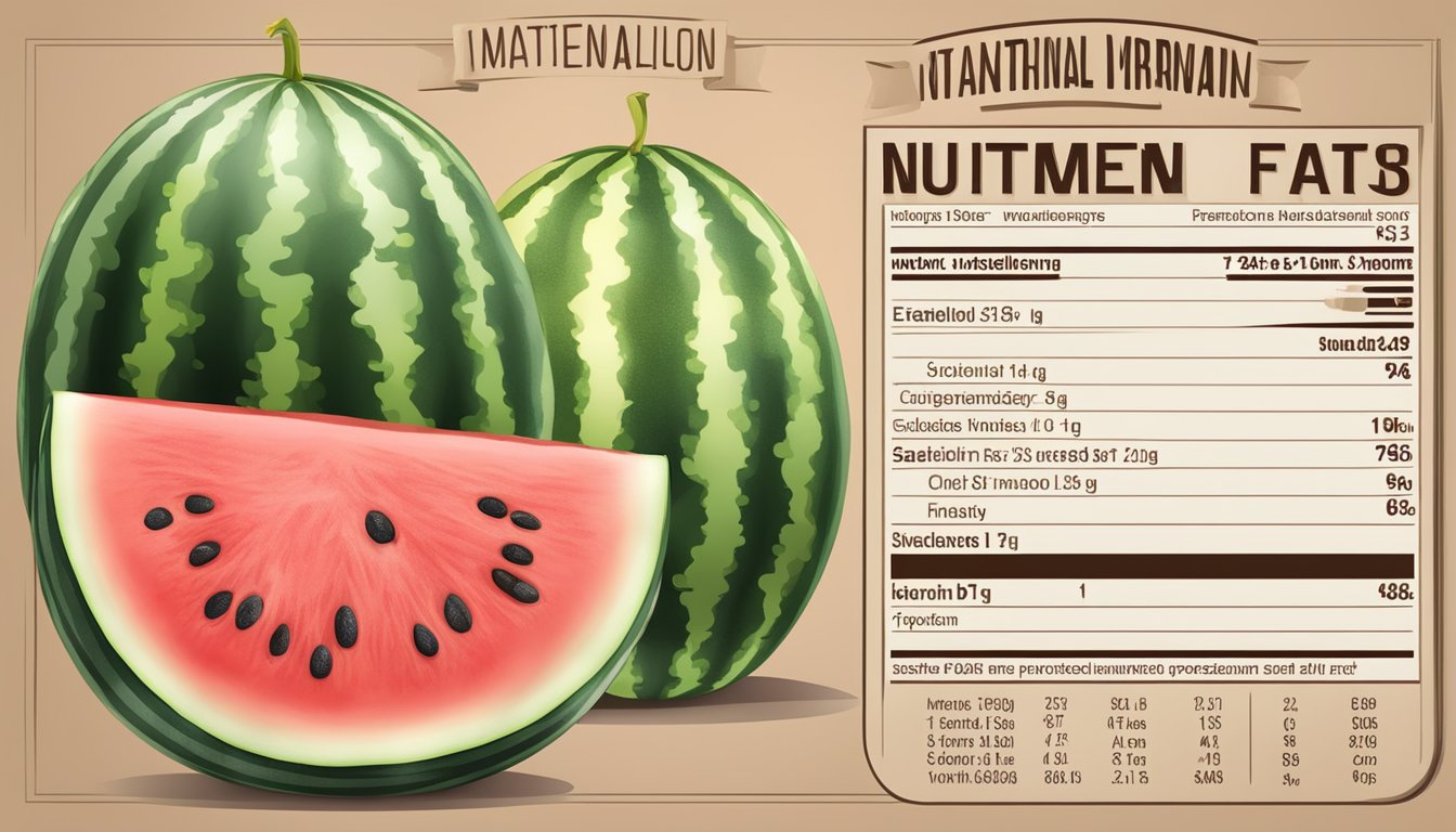 A ripe watermelon with nutritional information displayed