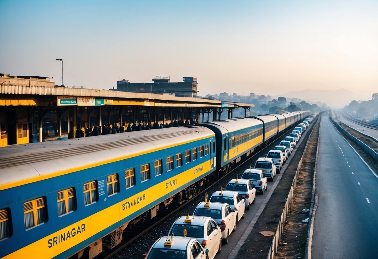 A busy train station with a train departing for Srinagar, a line of taxis outside, and a scenic highway leading to the city