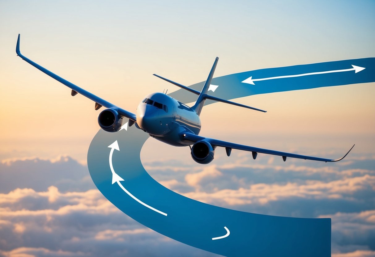 A plane flying in a curved path with arrows pointing outward, representing external influences on air travel